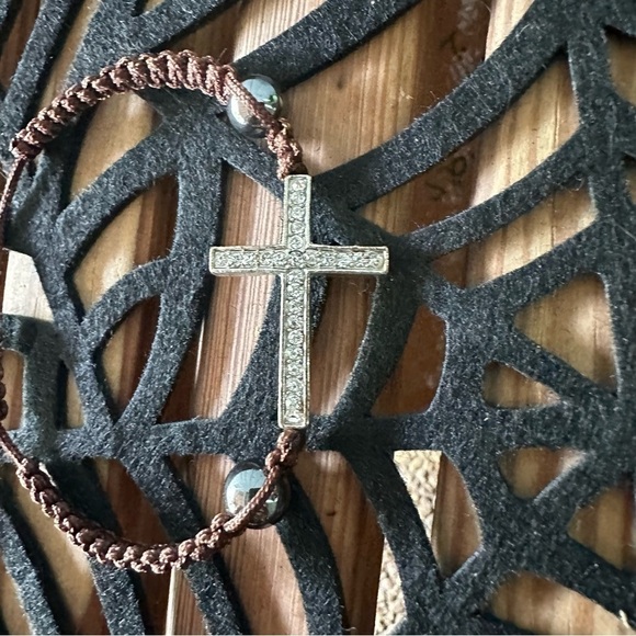Cross Bracelet Crystals Brown String Adjustable Religious Jesus Christian - Picture 6 of 9